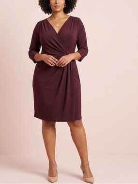 Coldwater Creek Draped Faux Wrap 3/4 Sleeve Dress Women’s 14 Plum Wine